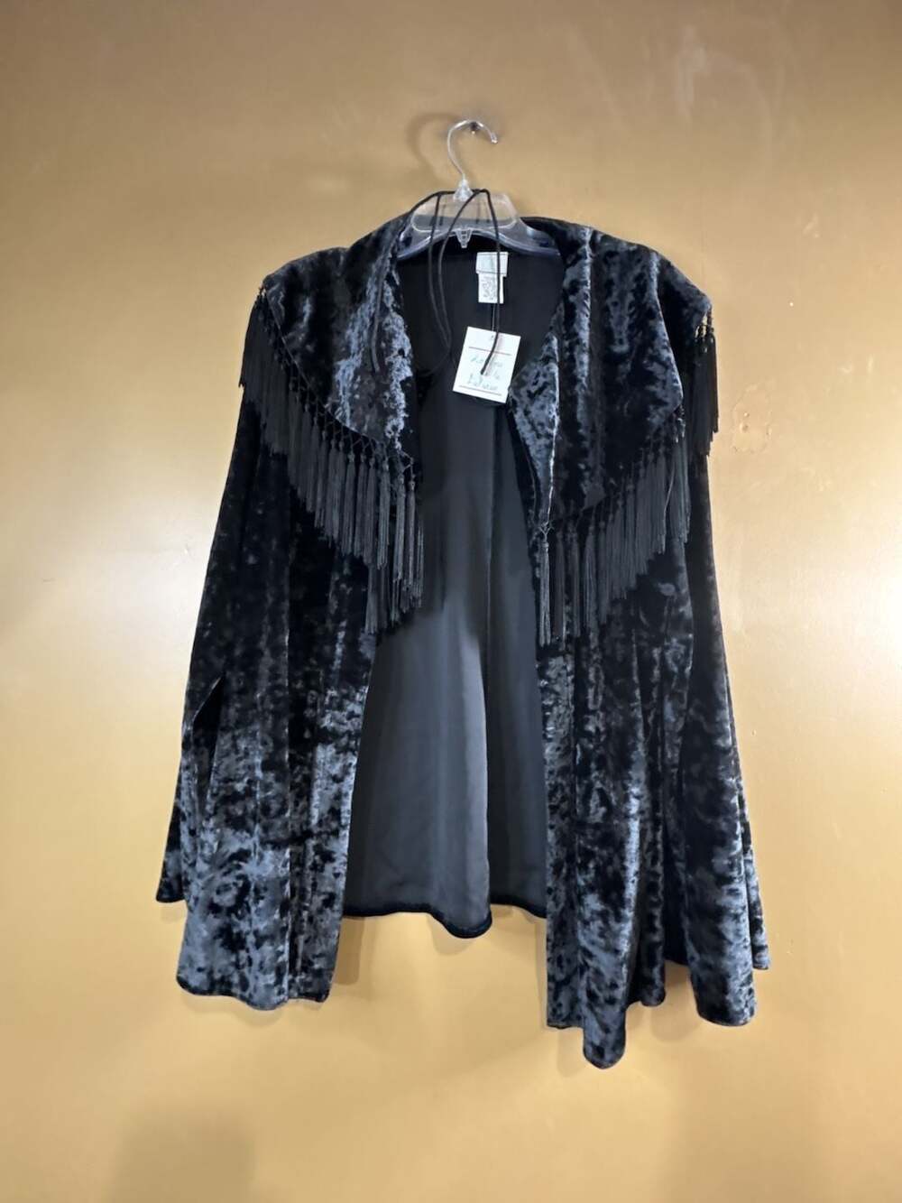 Loulou de la Falaise Black Crushed Velvet Fringe Duster Cape Jacket 1X